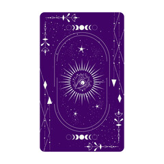 Tarot card with mystic eye pyramid and celestial border. Boho esoteric tarot card with eye and frame. Vector illustration. Sacred geometry celestial triangle