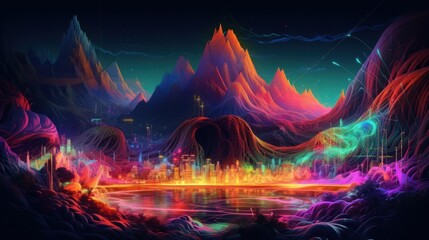 Vibrant Multicoloured abstract Waves and mountain peaks