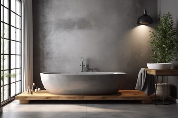 spacious and serene bathroom with a white bathtub positioned near a window. Generative AI
