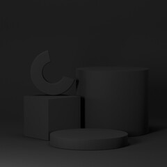 Black geometric pedestal podium with luxury golden circle backdrop an pillar  . abstract studio room . Minimal scene for cosmetic products. Promotion , Showcase display. 3D rendering