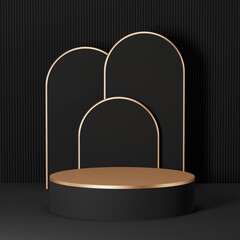 Black geometric pedestal podium with luxury golden circle backdrop an pillar  . abstract studio room . Minimal scene for cosmetic products. Promotion , Showcase display. 3D rendering