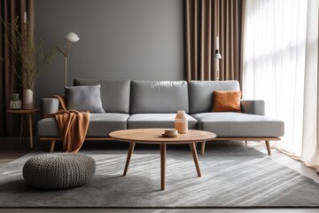modern living room with a comfortable gray couch and a stylish wooden coffee table. Generative AI