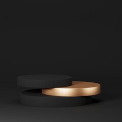 Black geometric pedestal podium with luxury golden circle backdrop an pillar  . abstract studio room . Minimal scene for cosmetic products. Promotion , Showcase display. 3D rendering