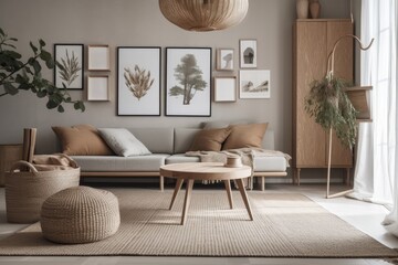 cozy living room with stylish furniture and wall decor. Generative AI