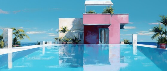 Mediterranean hot summer day with pink painted luxury villa and crystal clear blue swimming pool in garden, relaxing vacation near tranquil ocean coast - generative AI