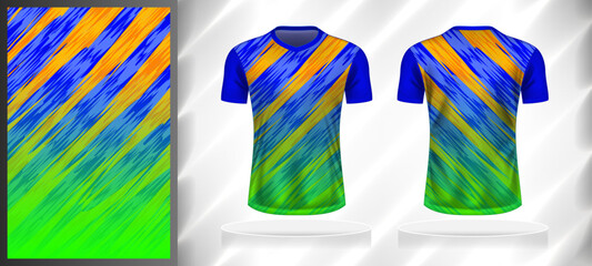 Vector sport pattern design template for V-neck T-shirt front and back with short sleeve view mockup. Blue-orange-green color gradient abstract oblique grunge texture background illustration.