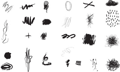 Collection of black paint, ink brush strokes, brushes, lines. Dirty artistic design elements. Vector illustration. Isolated on white background. Freehand drawing.