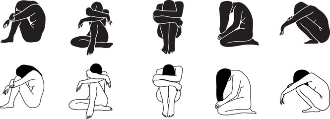 Depression. Mental Health. Silhouettes outline of girls in a depressed state. Neurosis, fatigue.