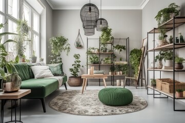 Fototapeta premium green and lush living room filled with various plants and foliage. Generative AI