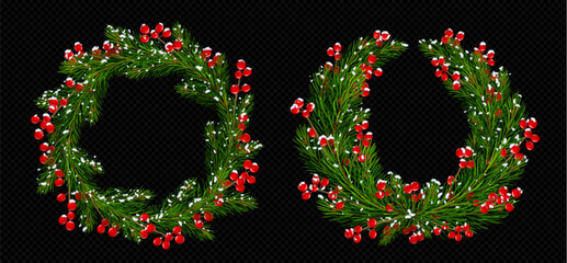 Realistic set of Christmas wreaths isolated on transparent background. Vector illustration of evergreen fir branch circle decorated with red berries and snow. Traditional holiday garland frame design