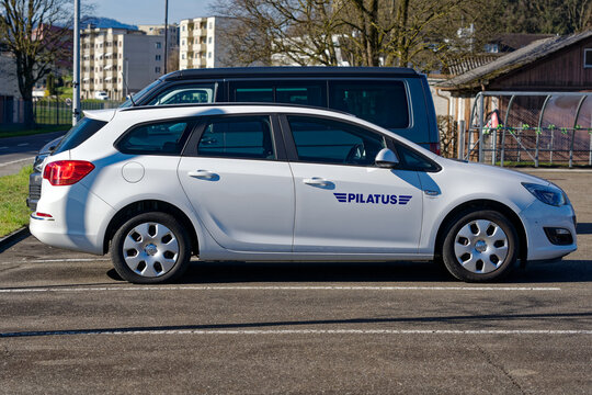 Parked company car of Swiss firm Pilatus Aircraft Ltd at Emmen airbase on a sunny spring day. Photo taken March 22nd, 2023, Emmen, Switzerland.