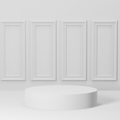 White and Gold geometric pedestal podium with Minimal circle backdrop an pillar  . abstract studio room . Minimal scene for cosmetic products. Promotion , Showcase display. 3D rendering