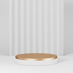White and Gold geometric pedestal podium with Minimal circle backdrop an pillar  . abstract studio room . Minimal scene for cosmetic products. Promotion , Showcase display. 3D rendering