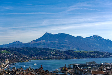 Aerial view of famous Swiss City of Luzern with Reuss River, Chapel Bridge, Lake Lucerne and Swiss...