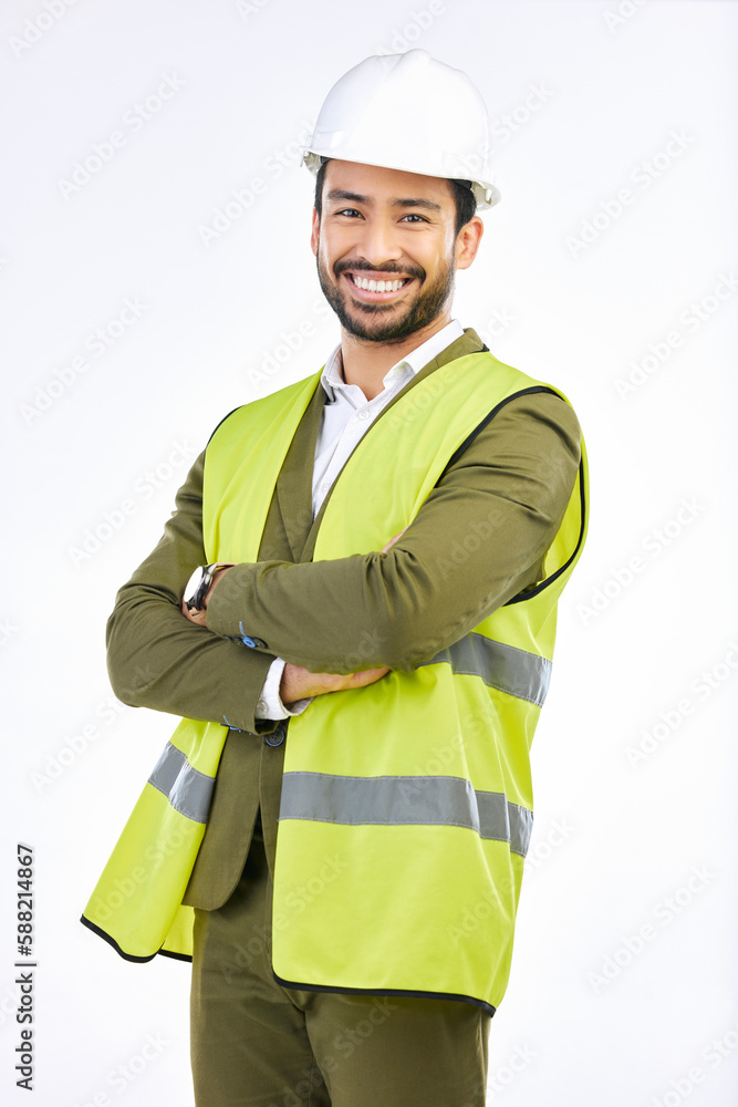 Poster construction, smile and portrait of engineer in studio with suit, vest and helmet on white backgroun
