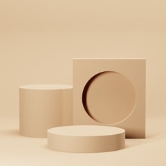 Gold geometric pedestal podium with Minimal circle backdrop an pillar  . abstract studio room . Minimal scene for cosmetic products. Promotion , Showcase display. 3D rendering