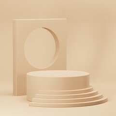 Gold geometric pedestal podium with Minimal circle backdrop an pillar  . abstract studio room . Minimal scene for cosmetic products. Promotion , Showcase display. 3D rendering