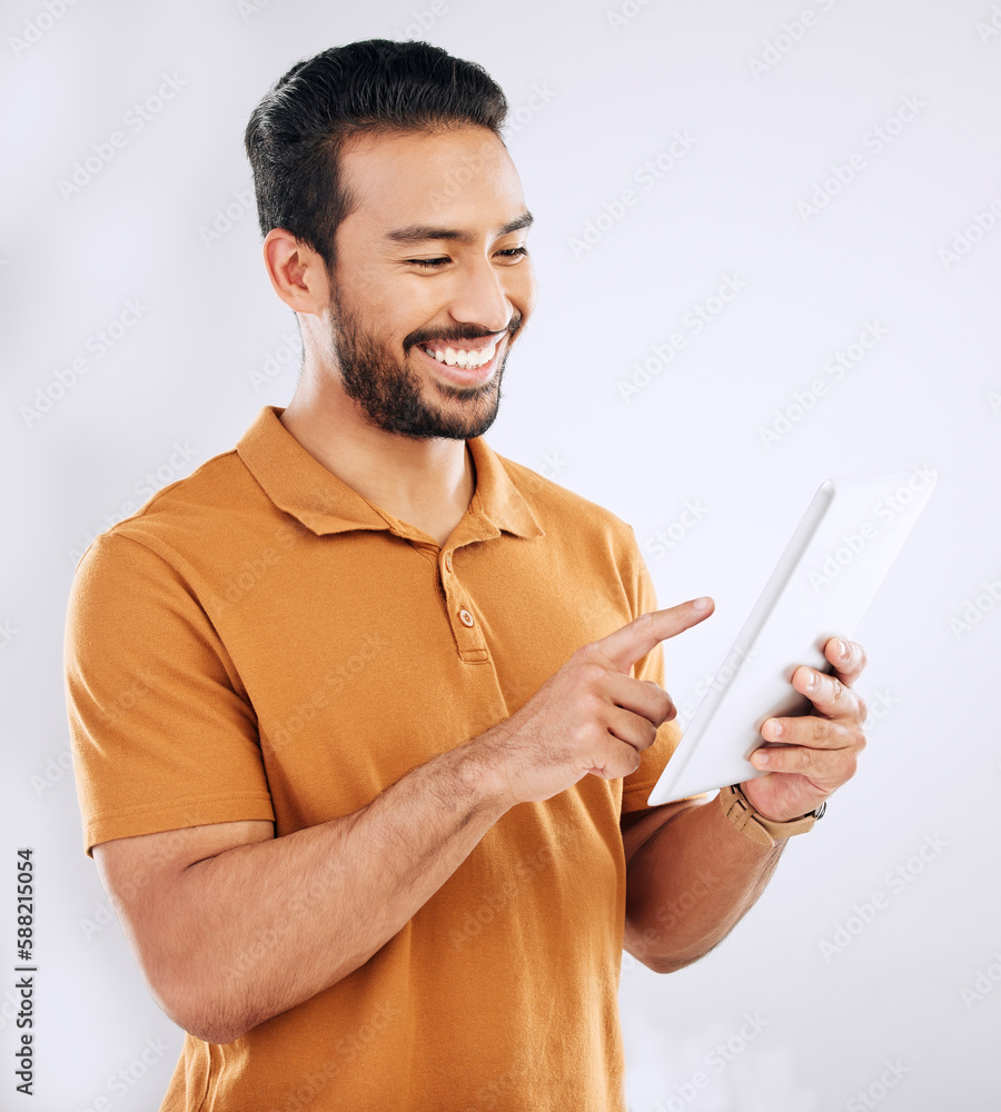 Poster man, tablet and smile in studio on social media, reading ebook and online website on white backgroun