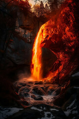 glowing waterfall in autumn landscape