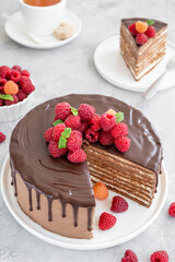 Layered honey chocolate cake with glaze and fresh raspberries on top. Delicious chocolate cake.