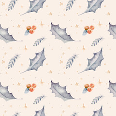 Christmas seamless pattern with red balls, fir branches and holly leaves. Watercolor illustration