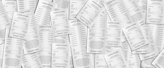 Obraz premium Pile of paper receipts, payment bank checks. Background with heap of invoice bills of purchases in shop or supermarket, cheques from pos terminal, vector realistic illustration