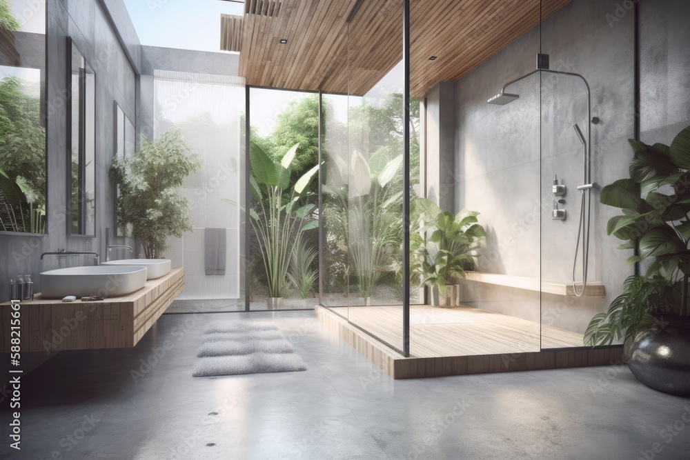 Sticker Illustration of modern bathroom with spacious glass shower and sleek sink. Generative AI