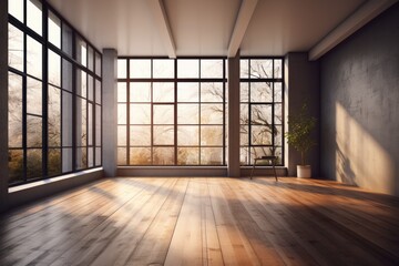 Illustration of an empty room with natural lighting and a touch of greenery from a potted plant. Generative AI