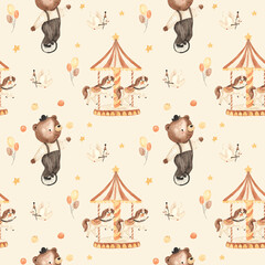 watercolor seamless circus pattern illustration for kids © Olga Listopad
