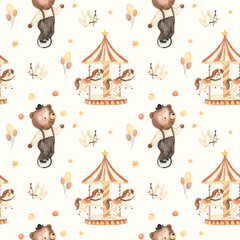 watercolor seamless circus pattern illustration for kids © Olga Listopad