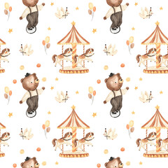watercolor seamless circus pattern illustration for kids © Olga Listopad