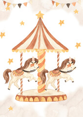 watercolor carousel template for nursery, baby shower, invitation for birthday party