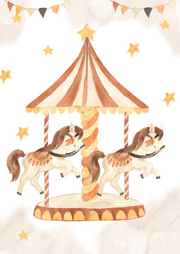 watercolor carousel template for nursery, baby shower, invitation for birthday party