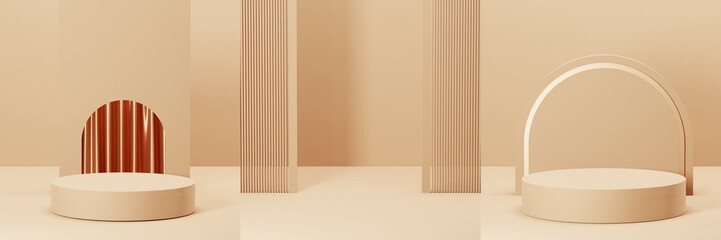 Obraz premium Set of Gold geometric pedestal podium with Minimal circle backdrop an pillar . abstract studio room . Minimal scene for cosmetic products. Promotion , Showcase display. 3D rendering