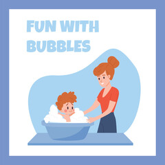 Squared banner with mom washes baby in basin flat style