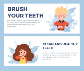 Set of website banner templates about children brushing teeth flat style