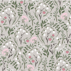 Seamless pattern with spring flowers. Vector hand-drawn texture. Floral Wallpaper with Realistic Flowers. Texture in Vintage Style. Retro Rapport. Modern Pattern.