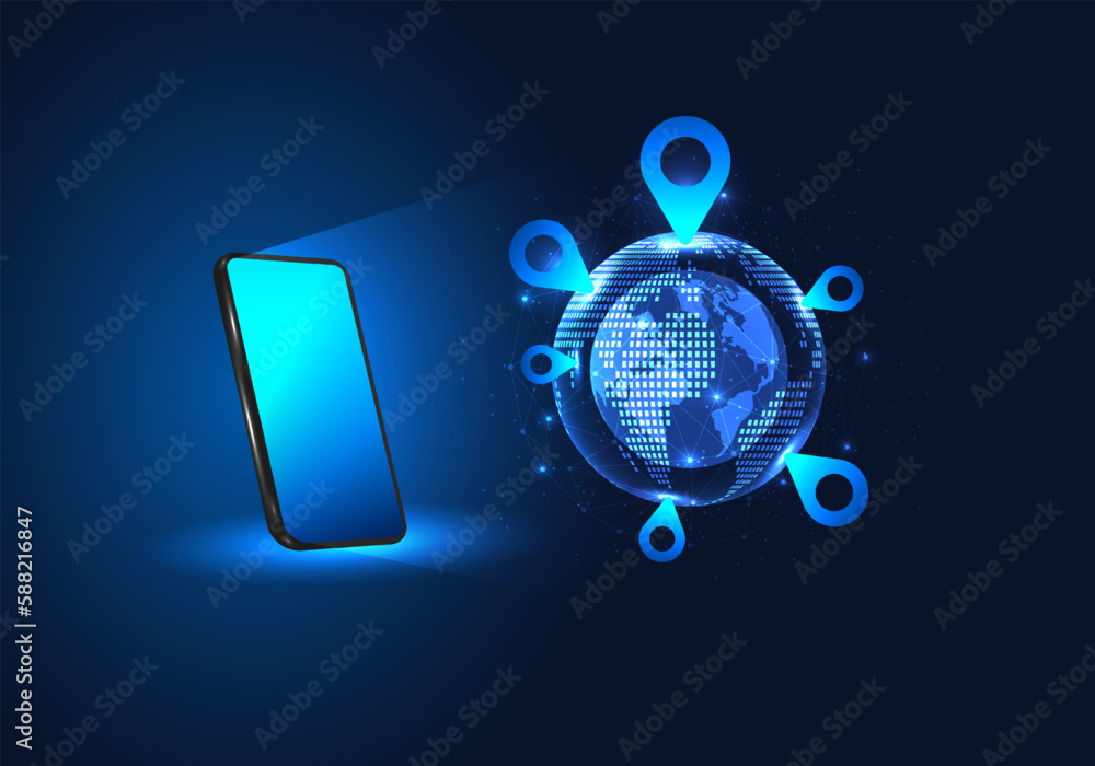 Poster smartphone technology can open a map of the world through a mobile phone. find an address anywhere t