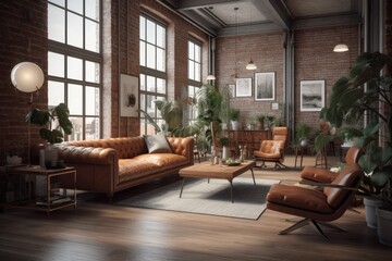 Fototapeta na wymiar spacious living room with abundant natural light and various pieces of furniture. Generative AI