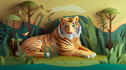 Bengal tiger in its natural habitat, with the kirigami card paper art creating the grasslands and trees in the background. The tiger is shown in a relaxed pose.