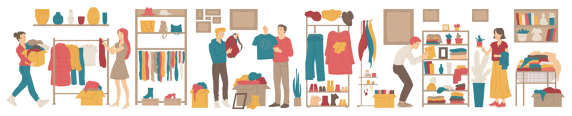 Second hand shop or garage sale, flat vector illustration isolated on white background.