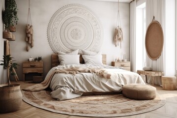 spacious bedroom with a circular bed as the centerpiece. Generative AI