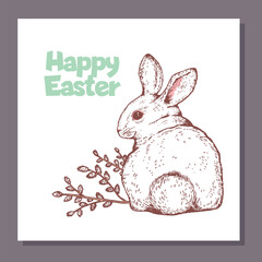 Easter holiday greeting card with cute rabbit, sketch vector illustration.