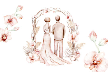 Watercolor couple bride and groom in boho ceremony style wedding. arch with tree branches, orchid, pampas. marriage illustration. Love wedding invitation. save the date.