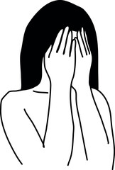 Depression. Mental Health. The girl cries and covers her face with her hands. Neurosis, fatigue. Outline vector.
