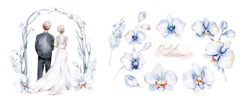 Watercolorcouple bride and groom in boho ceremony style wedding. Digital marriage illustration. Love wedding invitation. save the date.