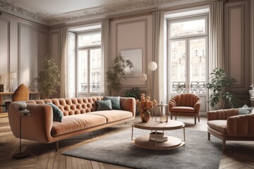 Fototapeta premium cozy living room with natural lighting and comfortable furniture. Generative AI