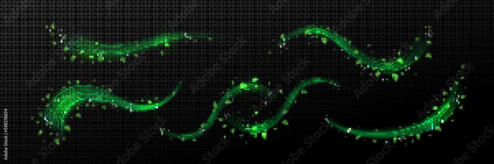 Poster realistic set of abstract green waves with leaves isolated on transparent background. vector illustr