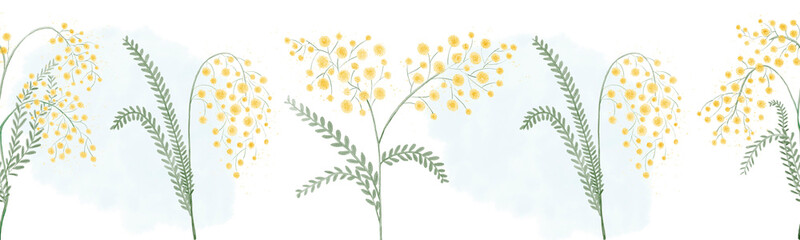 Floral watercolor border with mimosa flowers. Hand drawn washi tape design.