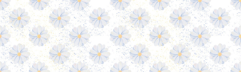 Watercolor border of chamomile flower on a white
background. Hand drawn illustration, print design.